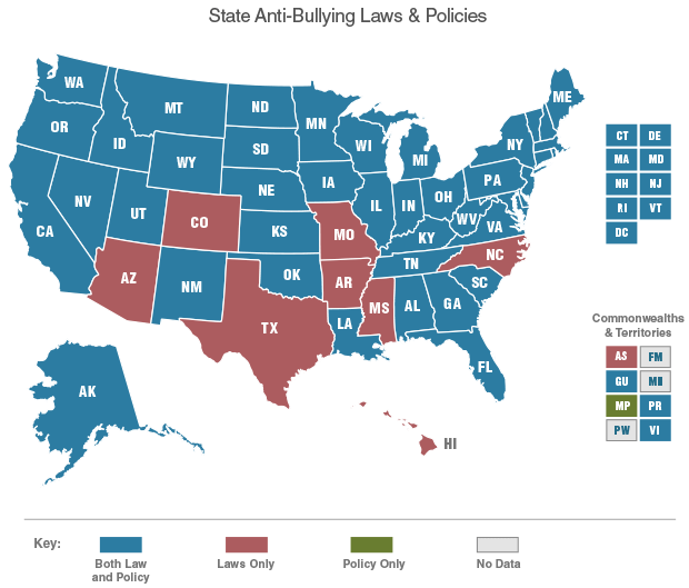 State Anti-Bullying Laws & Polices displaying states, Commonwealths & territories that have both Law and Policy, Laws only or Policy only.