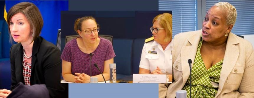 En la imagen (desde la izquierda): Bethany Miller, HRSA, líder del Equipo de Prevención de Violencia y Lesiones; Justine Larson, SAMHSA, asesora médica dirigente; contraalmirante Kerry Nesseler, HRSA, directora de la Oficina de Salud Mundial; Nicole White, ED, especialista del Programa de Educación