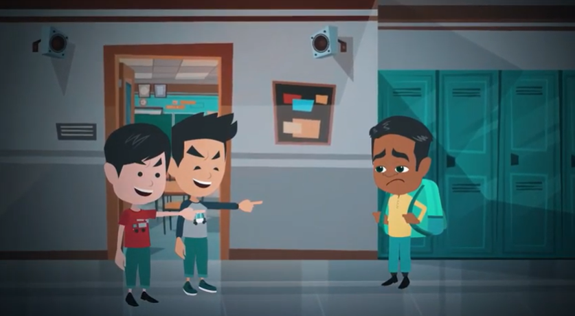 一个男孩在学校走廊上被另外两个男孩取笑的动画片截屏。