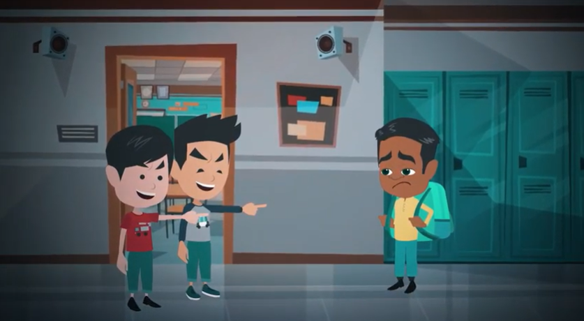 A screenshot from an animation showing a boy getting teased by two other boys in the hallway at school.