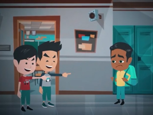 一个男孩在学校走廊上被另外两个男孩取笑的动画片截屏。